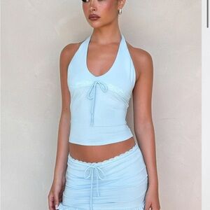 Tiger Mist Blue Sleeveless Tie Front Tank Top